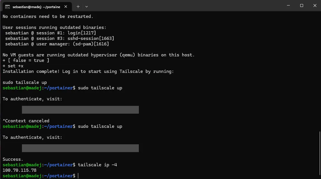 Terminal: instalacja Tailscale, sudo tailscale up z linkiem logowania i tailscale ip -4 zwracające adres 100.70.115.78