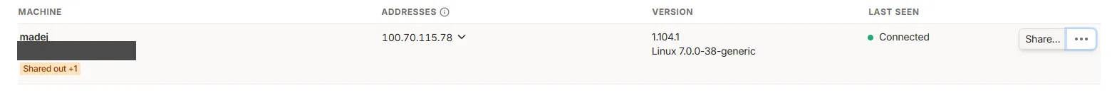 Admin console Tailscale: maszyna madej z adresem 100.70.115.78, wersją i statusem Connected