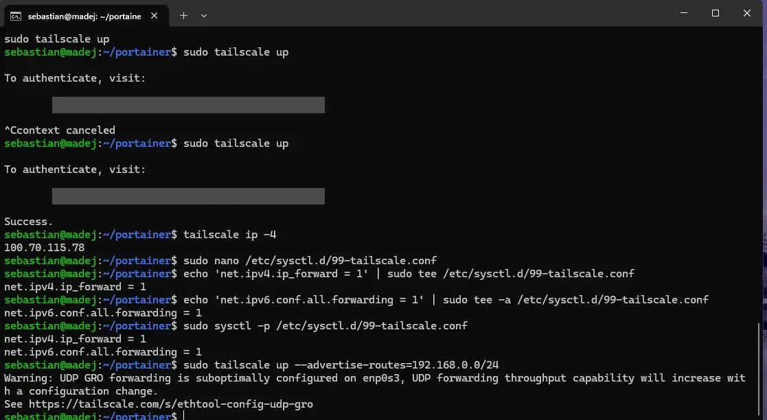 Terminal: włączenie ip_forward w sysctl i tailscale up z parametrem advertise-routes dla 192.168.0.0/24