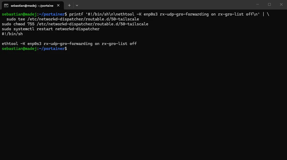 Terminal: tworzenie skryptu networkd-dispatcher z komendą ethtool włączającą UDP GRO i ręczne jej wywołanie