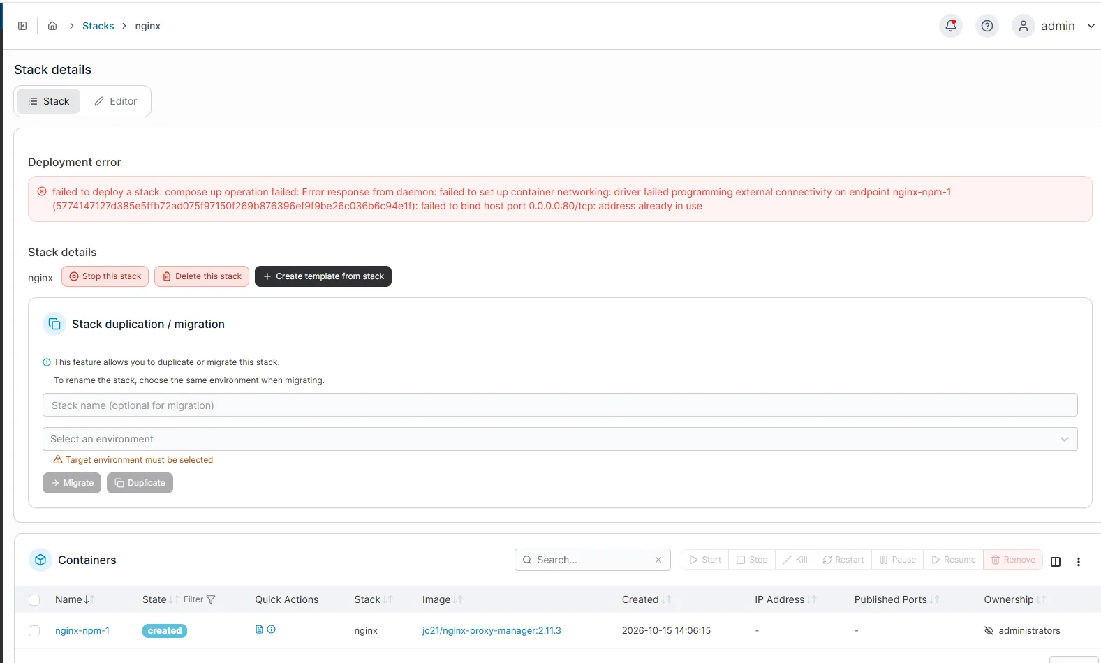 Portainer, błąd deploymentu stacka nginx: failed to bind host port 0.0.0.0:80/tcp: address already in use