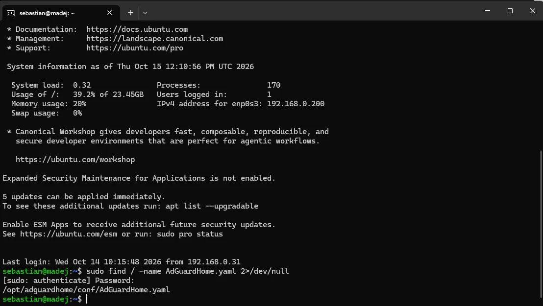 Terminal: find znajduje plik /opt/adguardhome/conf/AdGuardHome.yaml i otwarcie go w nano
