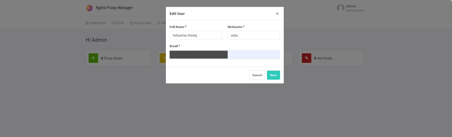 Nginx Proxy Manager, okno Edit User ze zmianą danych administratora, e-mail zamaskowany