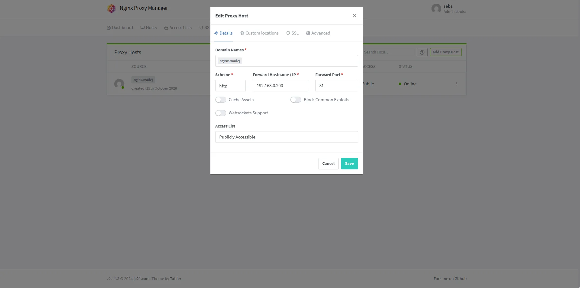 Nginx Proxy Manager, formularz New Proxy Host dla portainer.madej, schemat https, adres 192.168.0.200, port 9443