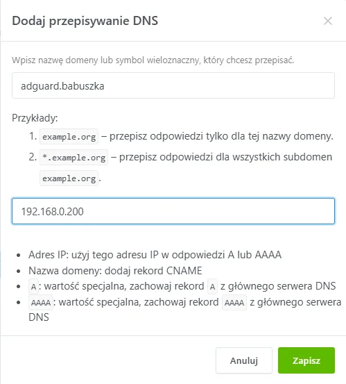 AdGuard Home, Przepisywanie DNS: trzy wpisy nginx.madej, portainer.madej i adguard.babuszka wskazujące na 192.168.0.200