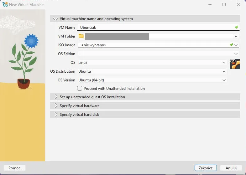 VirtualBox new machine wizard: name Ubunciak, Linux, Ubuntu 64-bit
