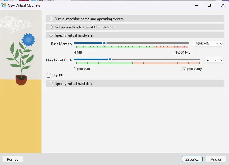 Hardware settings: 4096 MB of memory and 4 CPUs