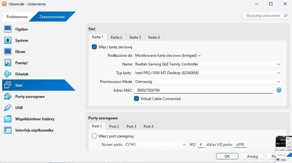 VM network settings: adapter attached as a bridged adapter