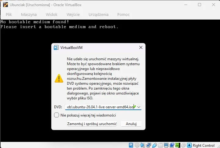 VirtualBox dialog with the ubuntu-26.04.1-live-server-amd64.iso image selected
