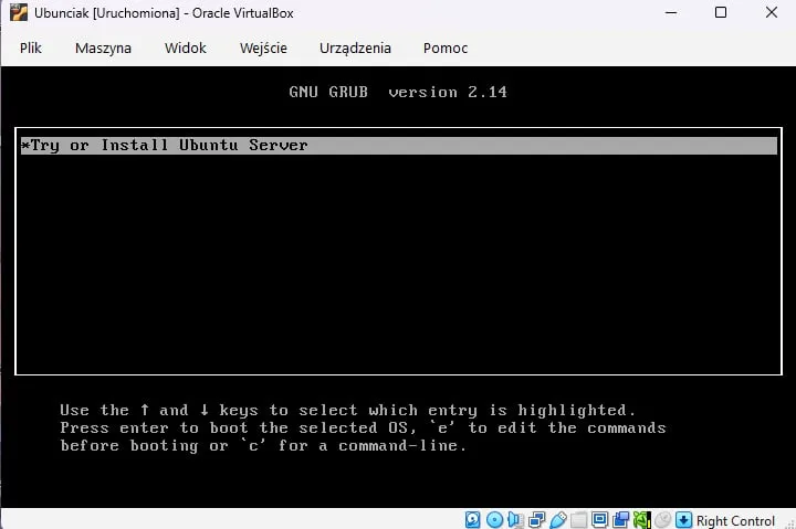 GRUB menu with a single entry: Try or Install Ubuntu Server