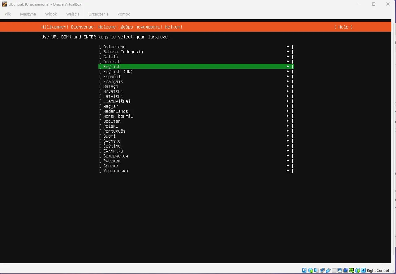 Ubuntu installer language selection with English highlighted