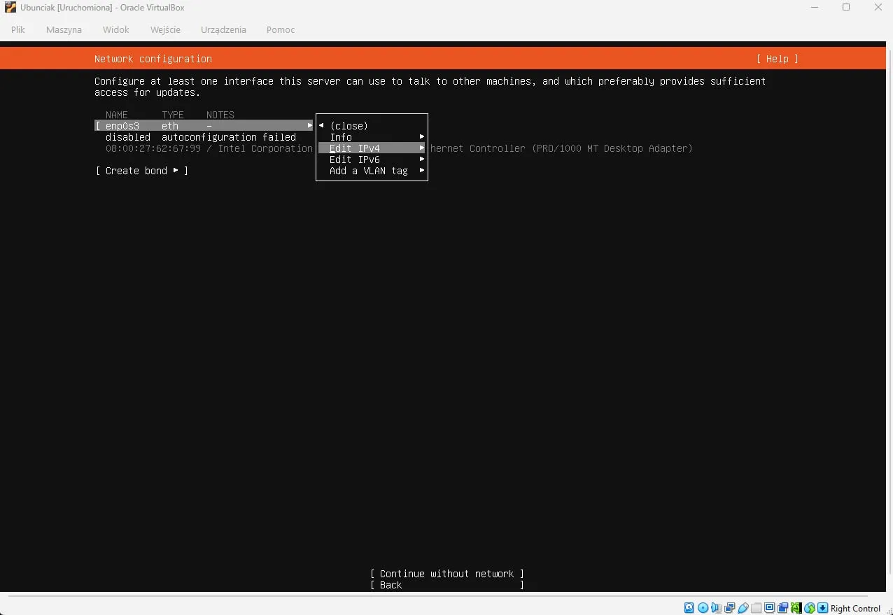 enp0s3 interface menu in the installer with Edit IPv4 highlighted