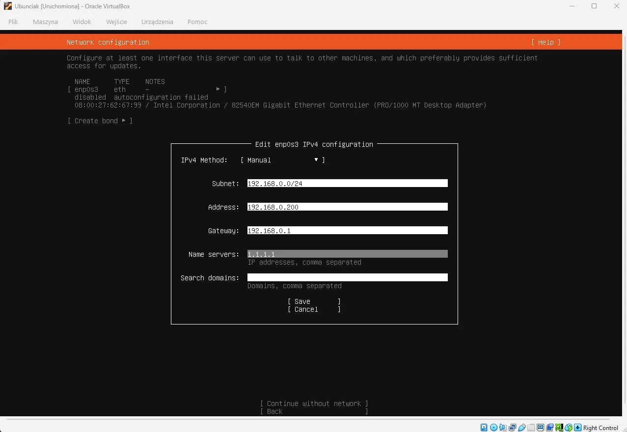 Edit enp0s3 IPv4 configuration form set to Manual with 192.168.0.x addressing