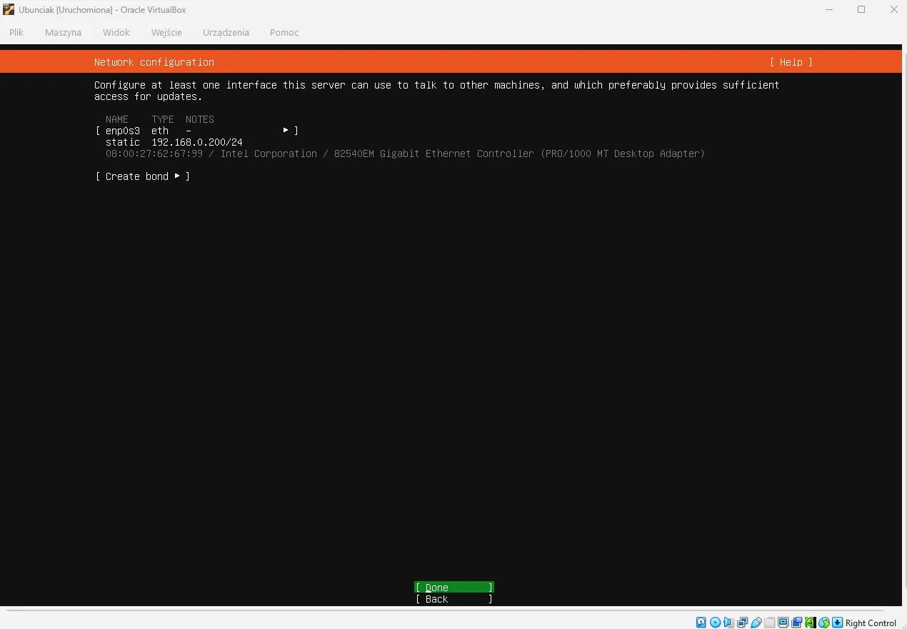 Network configuration screen: enp0s3 with static address 192.168.0.200/24