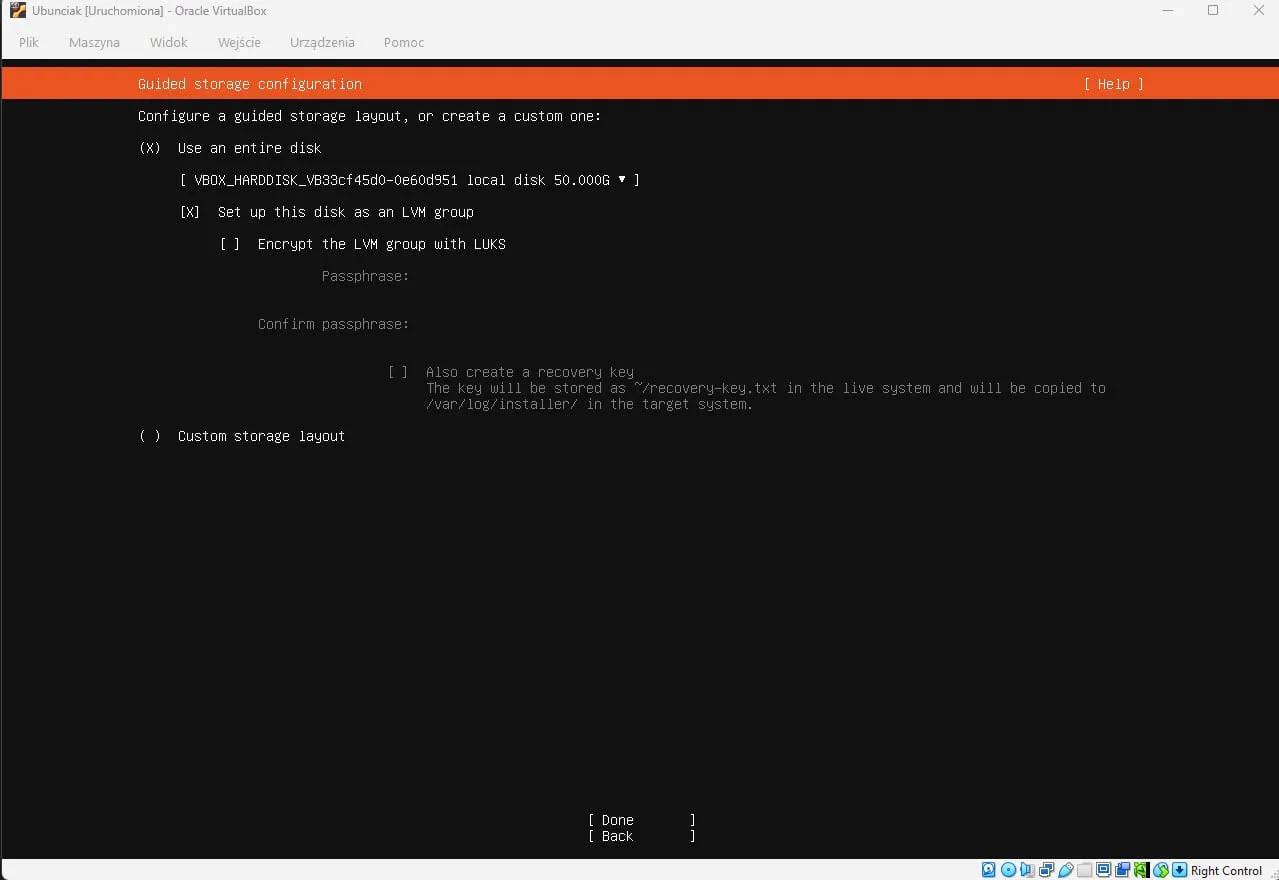 Guided storage configuration: entire 50 GB disk, LVM, LUKS encryption unticked