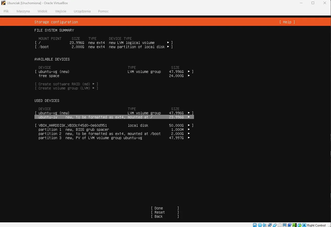 Storage summary: / is 23.996G with 24.000G still free in ubuntu-vg