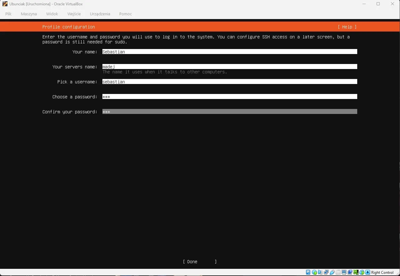 Profile configuration: name Sebastian, server name madej, username sebastian