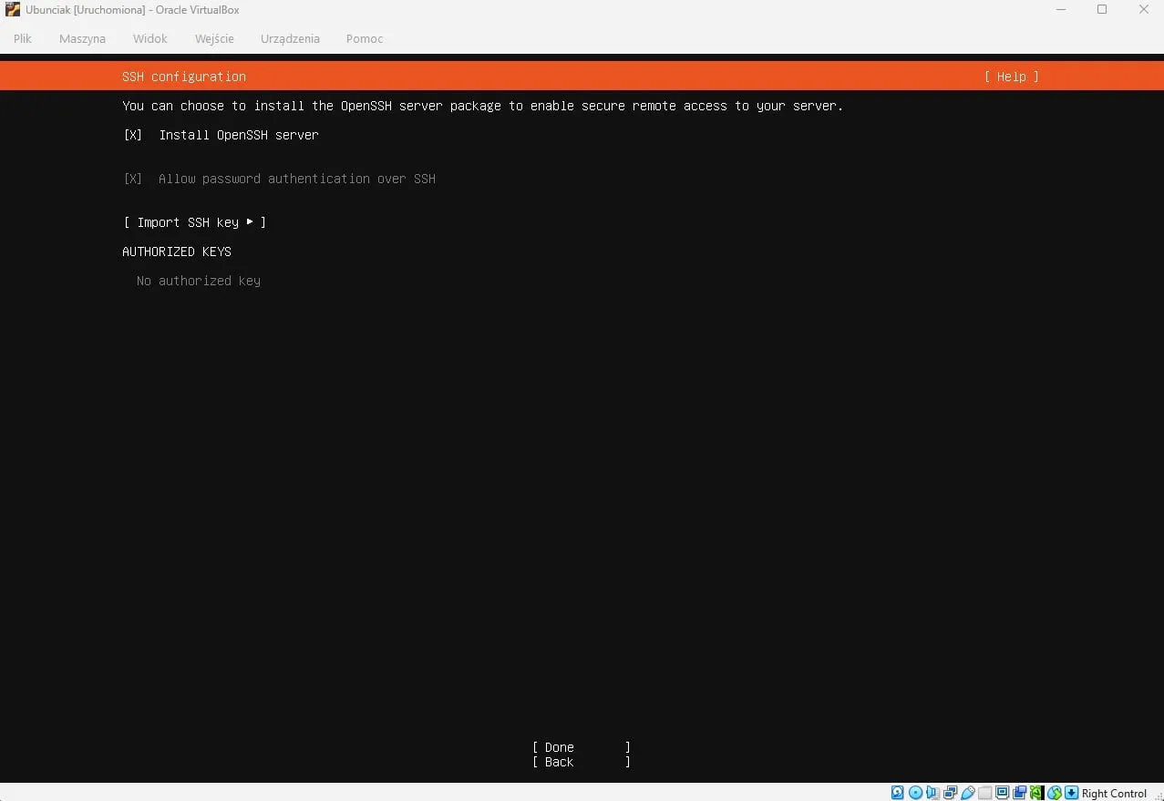 SSH configuration: Install OpenSSH server and password authentication ticked