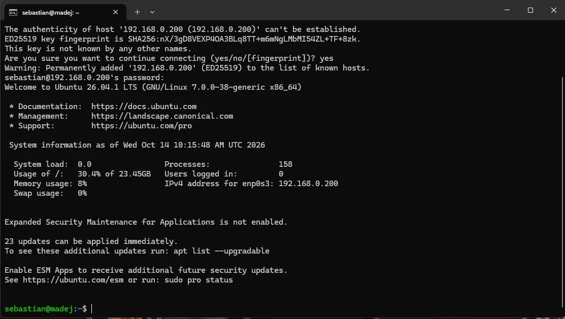 Terminal after SSH login: Welcome to Ubuntu 26.04.1 LTS, enp0s3 address 192.168.0.200
