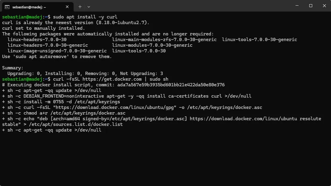 Terminal: apt install curl, then running the get.docker.com script