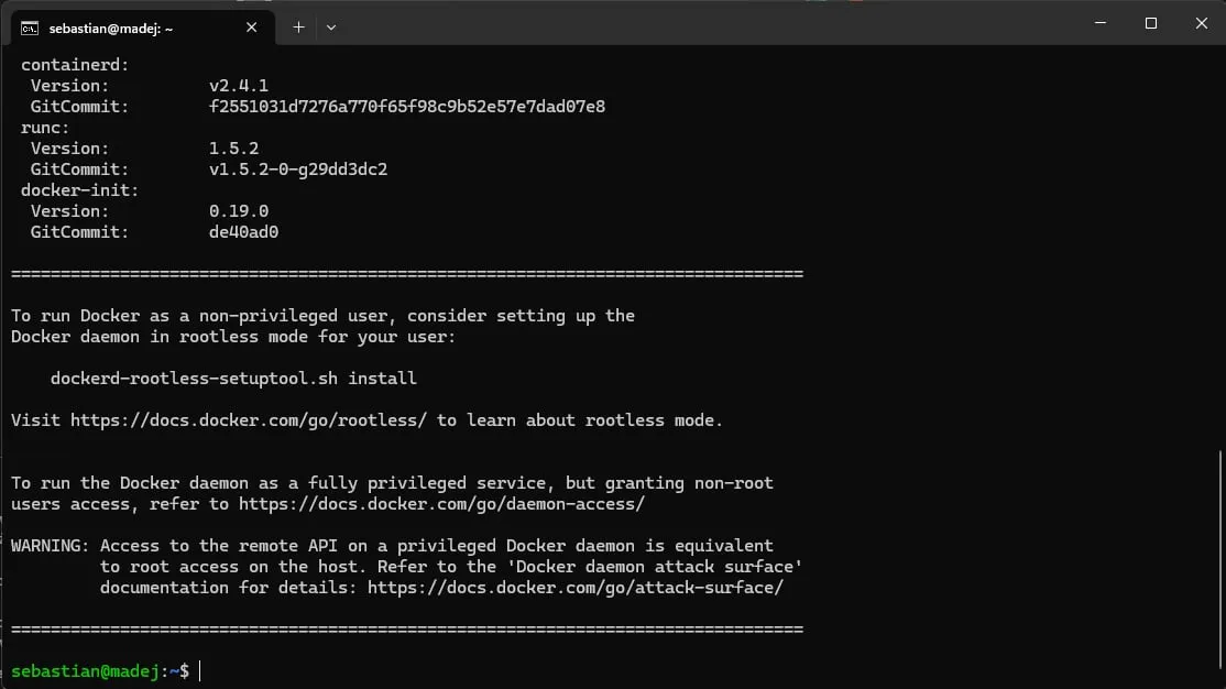 End of the Docker install with a warning that access to the Docker daemon is equivalent to root