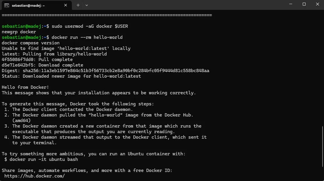 Terminal: usermod, newgrp, running hello-world and the Hello from Docker message