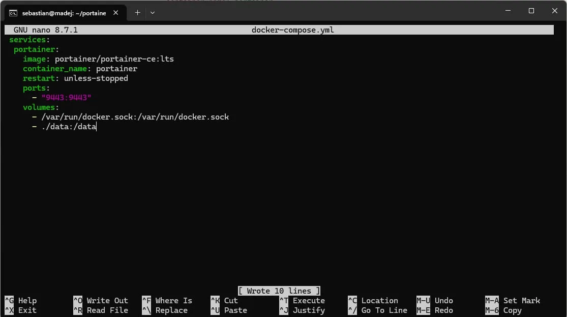 nano editor with the docker-compose.yml file for Portainer