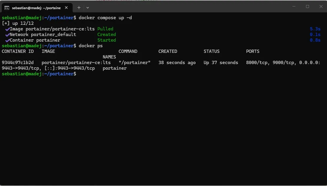 Terminal: docker compose up -d and docker ps showing the running portainer container