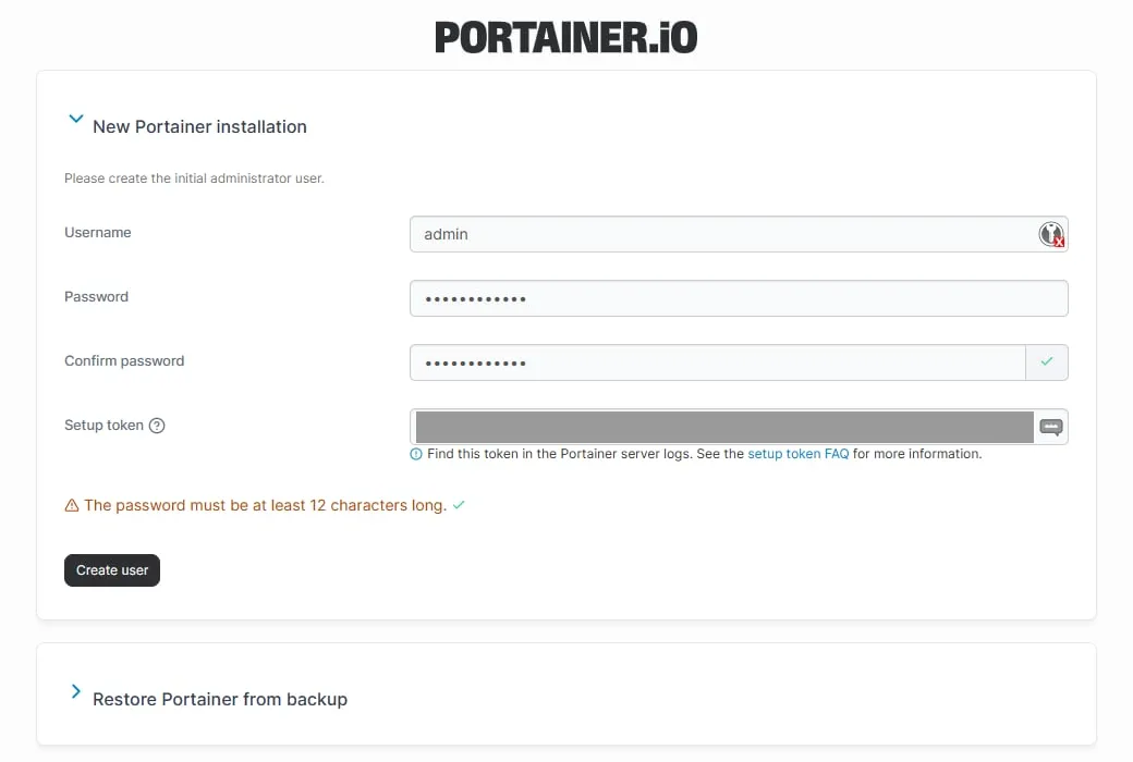 New Portainer installation form: admin user, password and setup token field