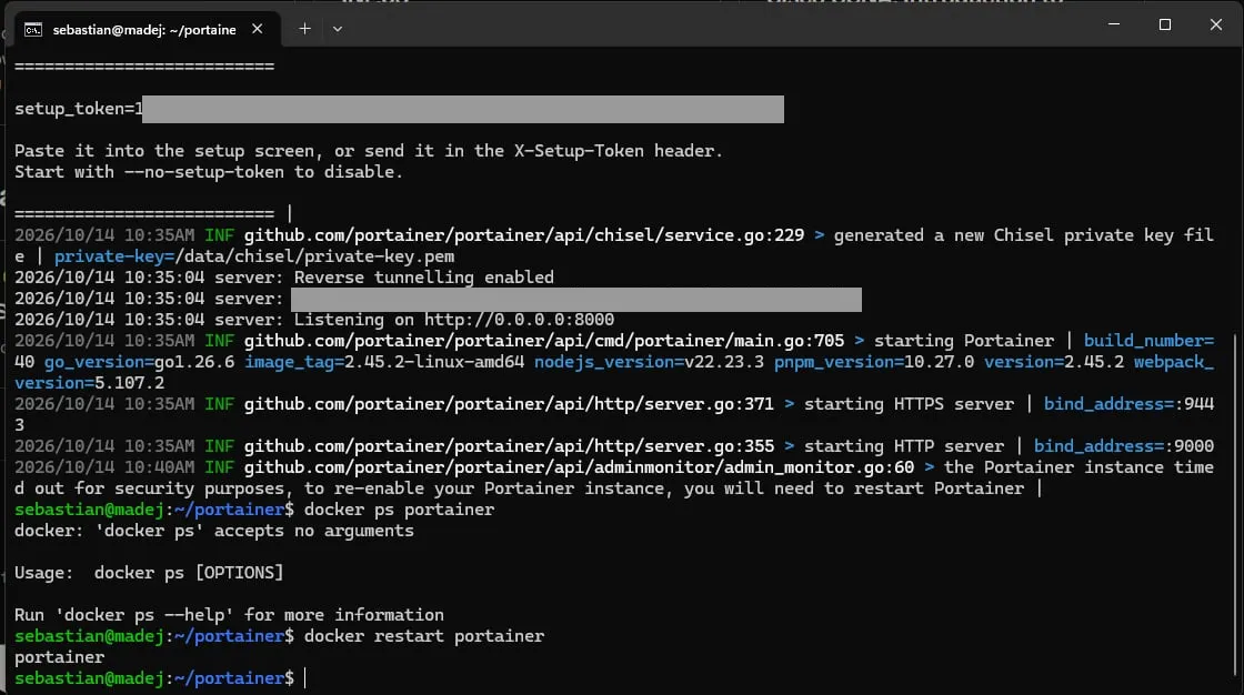 Portainer logs with the setup_token box, the timeout message and docker restart portainer