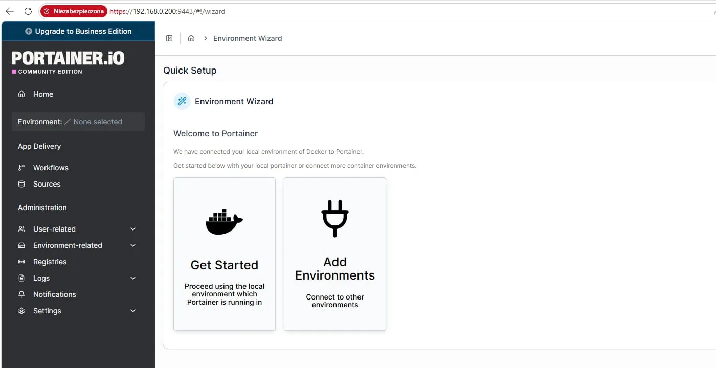 Portainer environment wizard with Get Started and Add Environments