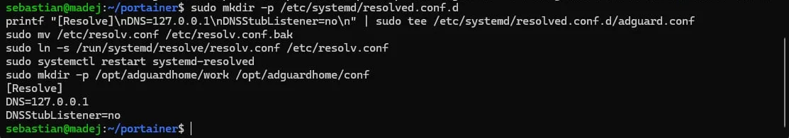 Terminal with the commands that free port 53 and the contents of adguard.conf
