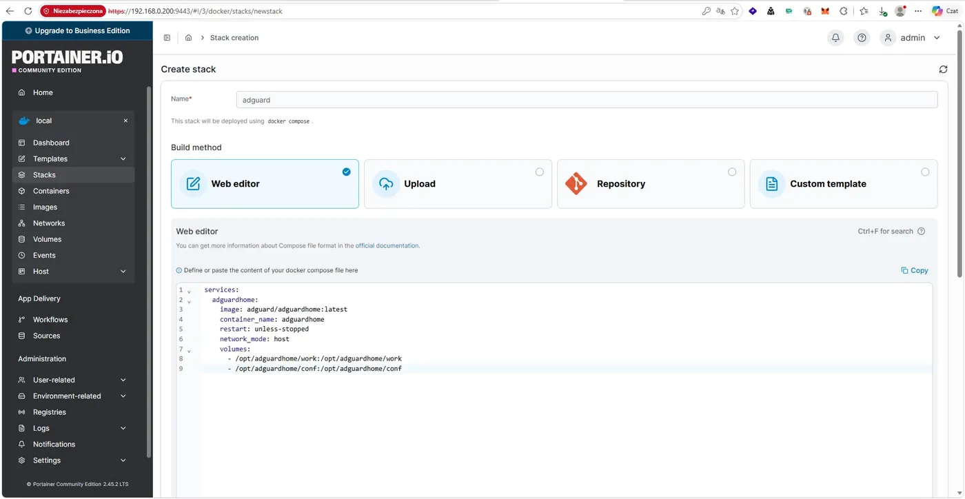Portainer: creating the adguard stack in the Web editor with the compose file