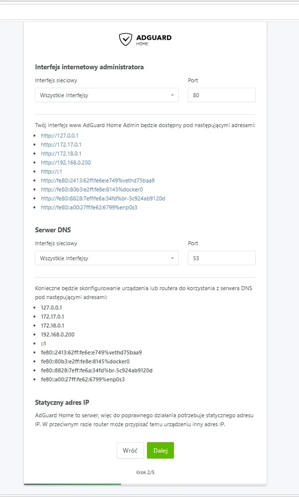 AdGuard Home wizard: admin interface and DNS server on all interfaces, DNS port 53