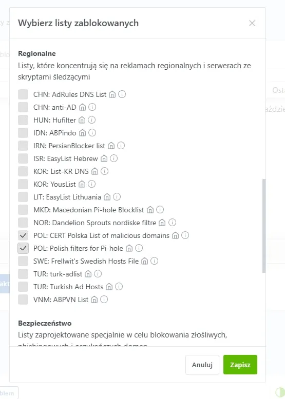 Choose blocklists dialog with CERT Polska and Polish filters for Pi-hole ticked