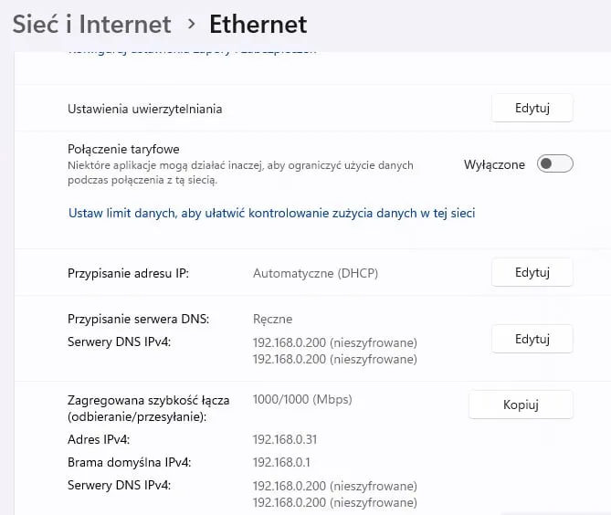 Windows Ethernet settings: manual DNS servers set to 192.168.0.200